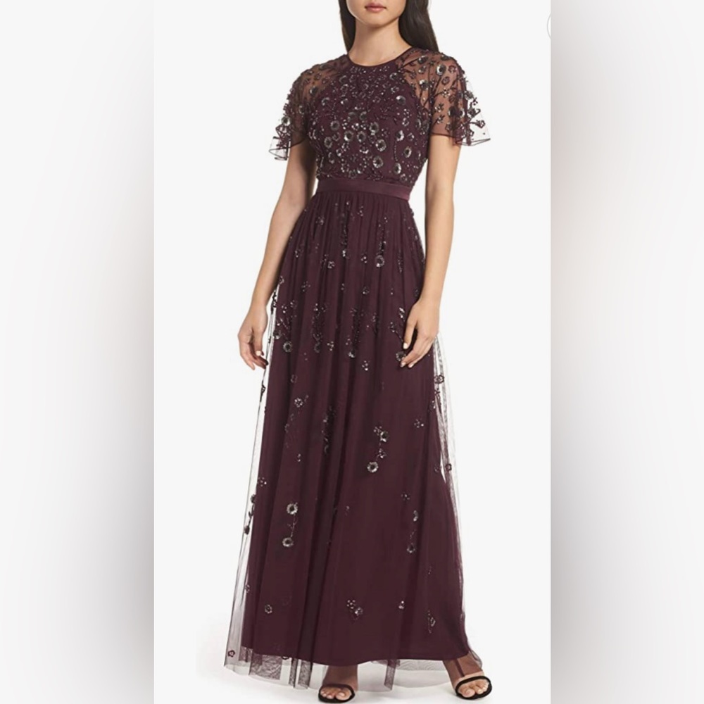 Adrianna Papell Purple Beaded Floral Tulle Gown NWT
